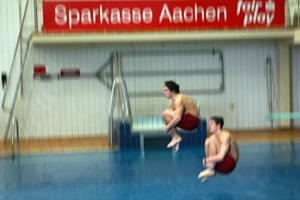 Two divers moments before entering the blue indoor pool, 2005.